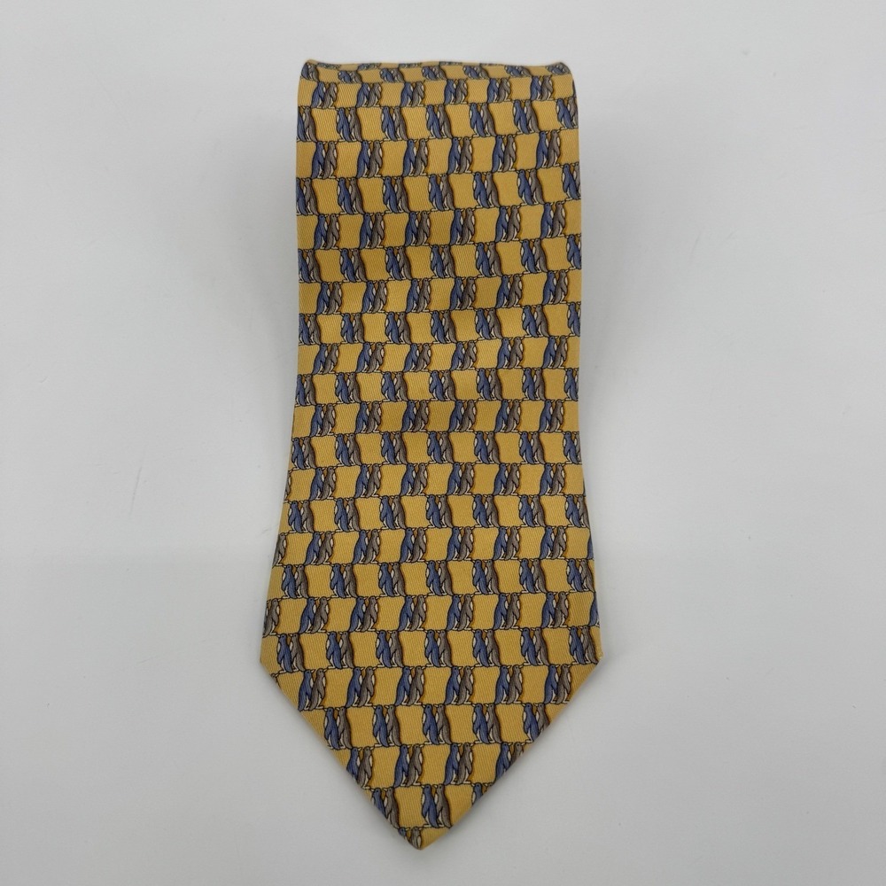 Salvatore Ferragamo Mens Silk Tie Yellow Blue Penguin Animal Print Made in Italy